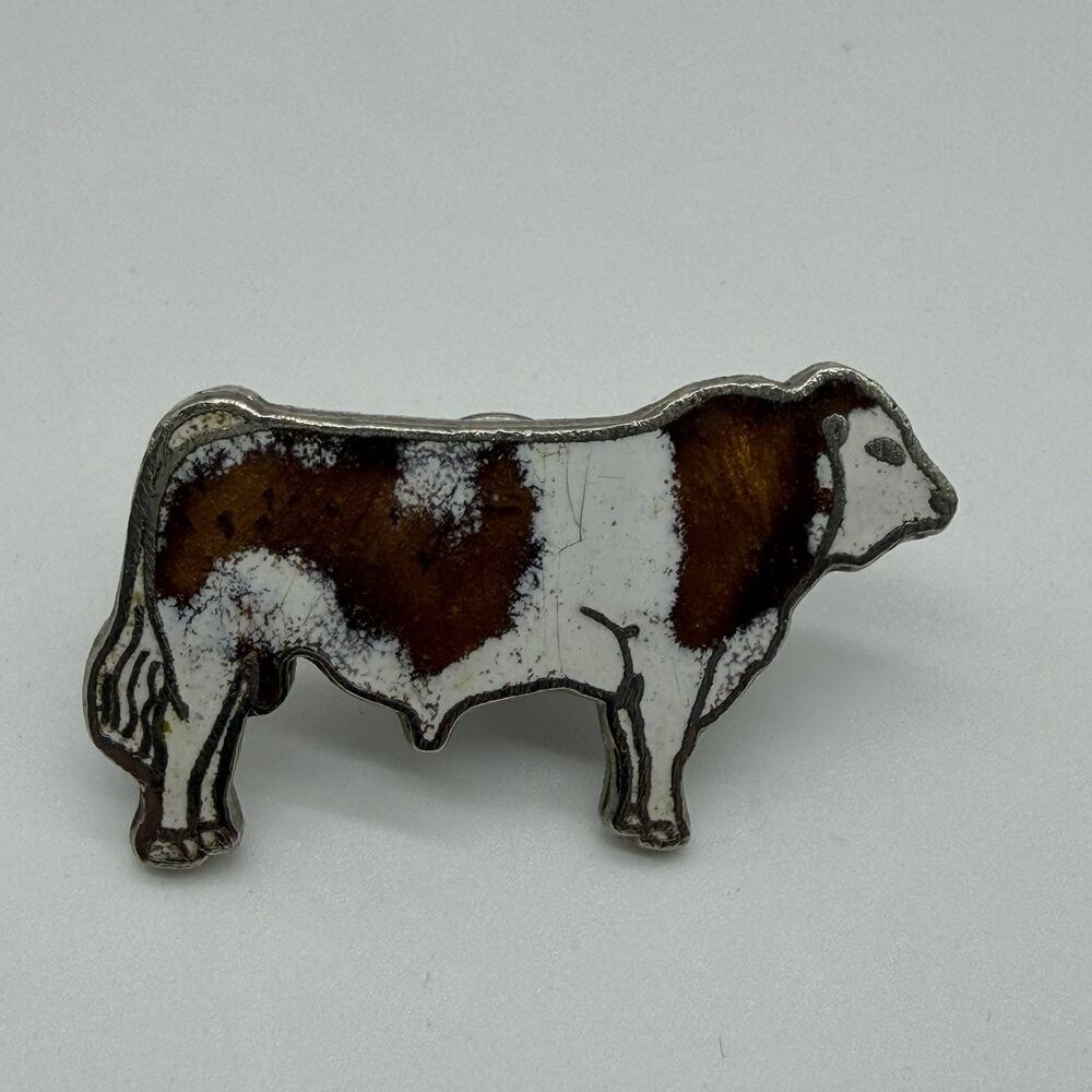 Vintage MAFCO Cow Cattle Enamel Lapel Pin Brown White Farm Animal 1.5”
